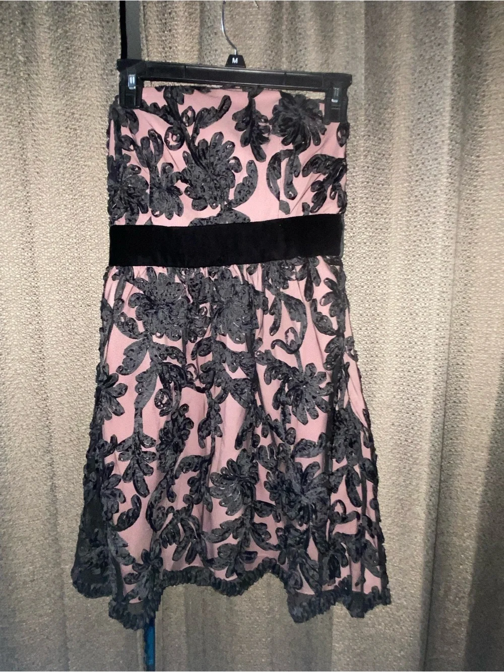 Strapless Pink and Black Lace A-Line Dress